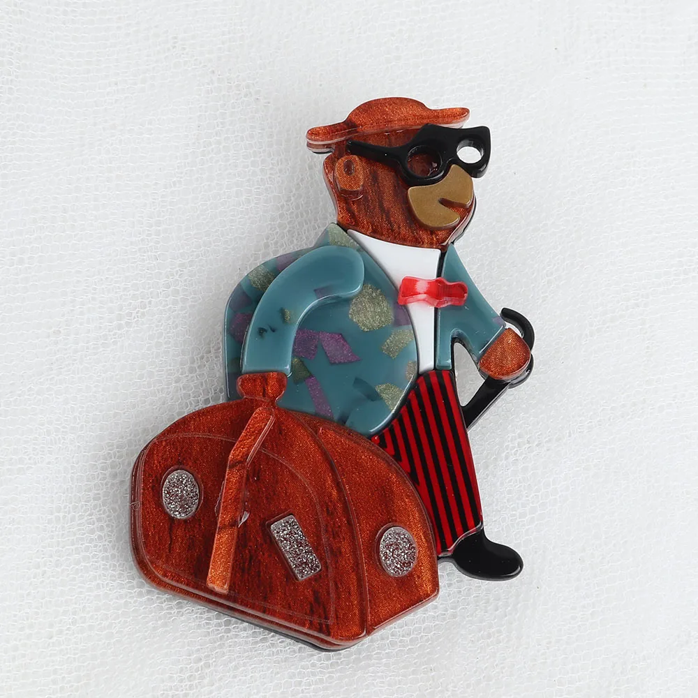 New Punk Cartoon Mr Bear with Traveling Bag Acrylic Brooch For Women Cute Resin Lapel Pins Brooches Badge Fashion Jewelry Gifts view 3