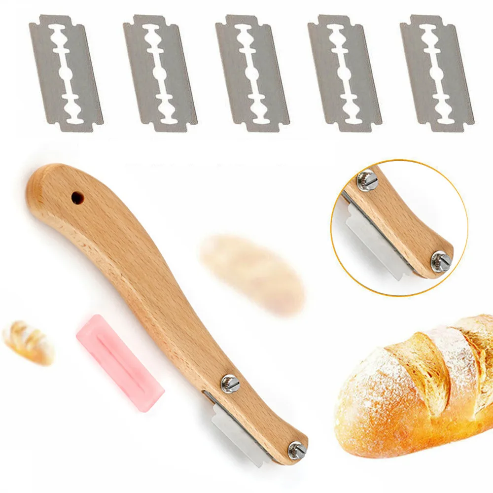 Bread Cutter Lame Bread Arc Curved Knife Bakery Kitchen Tool Bread Slashing Knife Tool Bread greñador with 5 Blade Wooden Handle