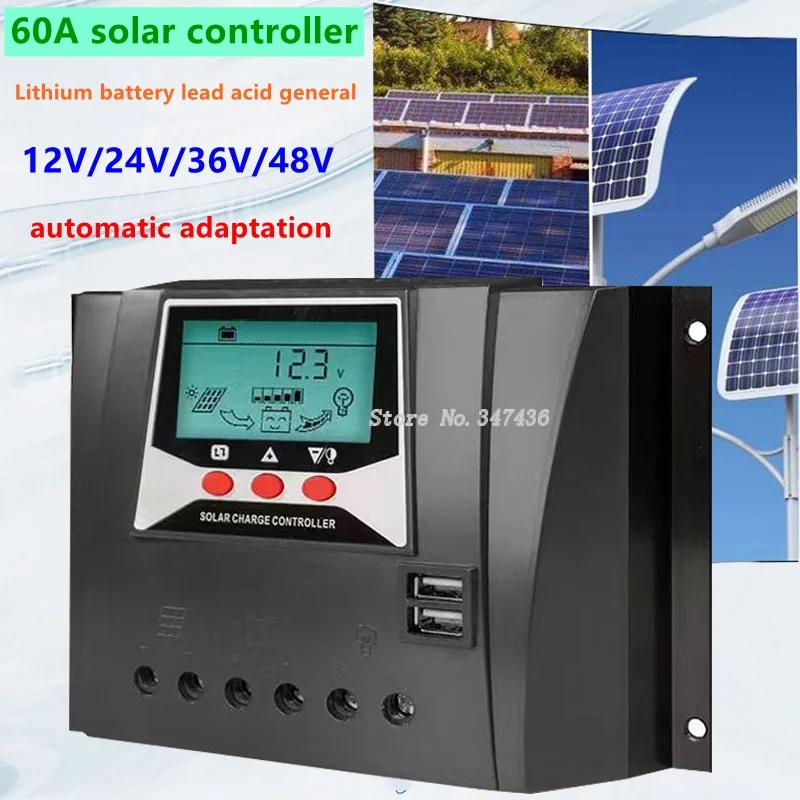 

10A/20A/30A/40A/50A/60A Auto Solar Charge Controller LCD Dual USB Solar Panel Regulator Dual USB Voltage Charger 12V24V Power