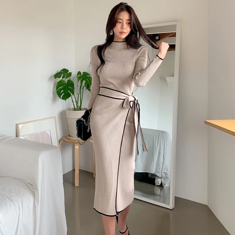 

Slim Waist Lace-Up Knitted Mid-Length Sweater Dress 2024 New Autumn Winter Korean Style Temperament Dress Ladies Vestidos