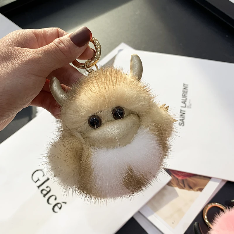 Women's Car Keyring Real Mink Fur Small Cattle Keychain Genuine Mini Cute Pendant Plush Toy Bag Charm Ornaments Metal Ring Gift