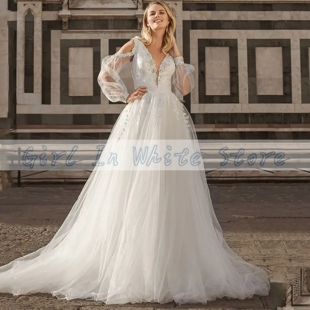 فساتين زفاف رشيقة بأكمام فانوس 2024 svativaelserее a-line زينة ترتر مخصص فستان زفاف Vestido De Novia