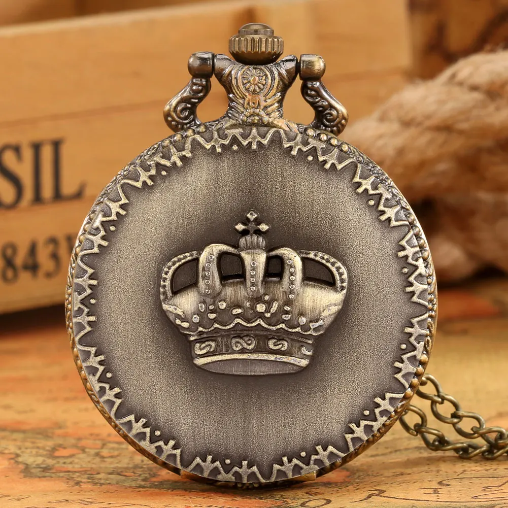 Retro Embossed Crown Design Quartz Pocket Watch Bronze  Clamshell Pendant Sweater Chain Necklace Gifts for Men Women