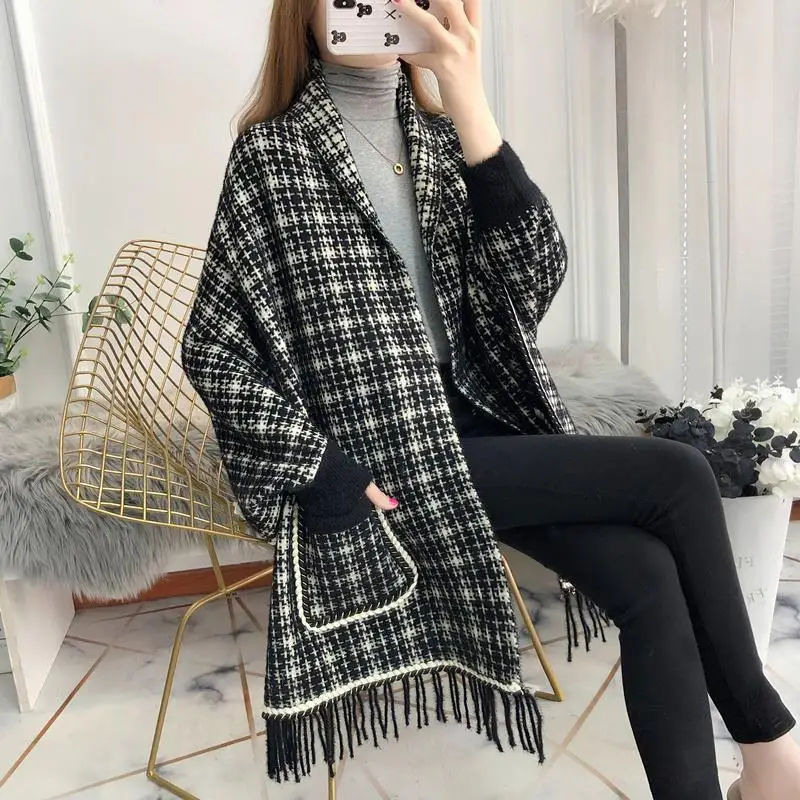 2023 autumn and winter new net red lazy style female shawl jacket mid-length imitation cashmere sweater pocket jacket women