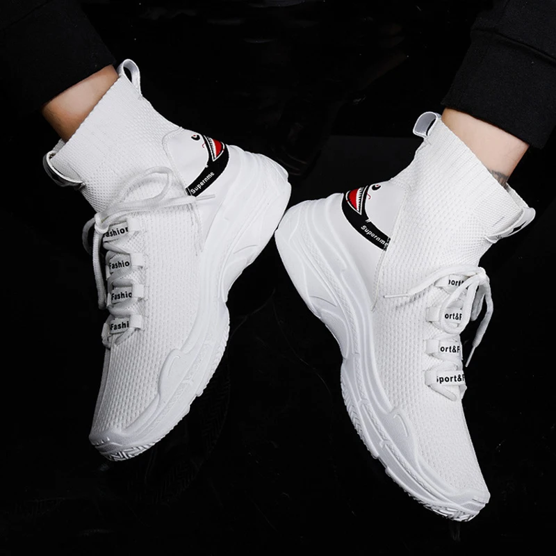 New High Top Shark Sneakers Men\'s Shoes Red Knit Upper Breathable Sneakers Unisex Running Shoes Women Platform Footwear