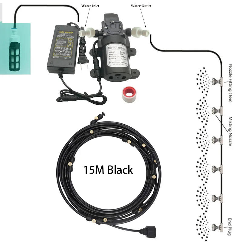 Misting Cooling System With Pump Filter Kit 20FT-60FT Mister Line Brass Nozzle 5L/Min For Outdooor Patio Porch Backyard