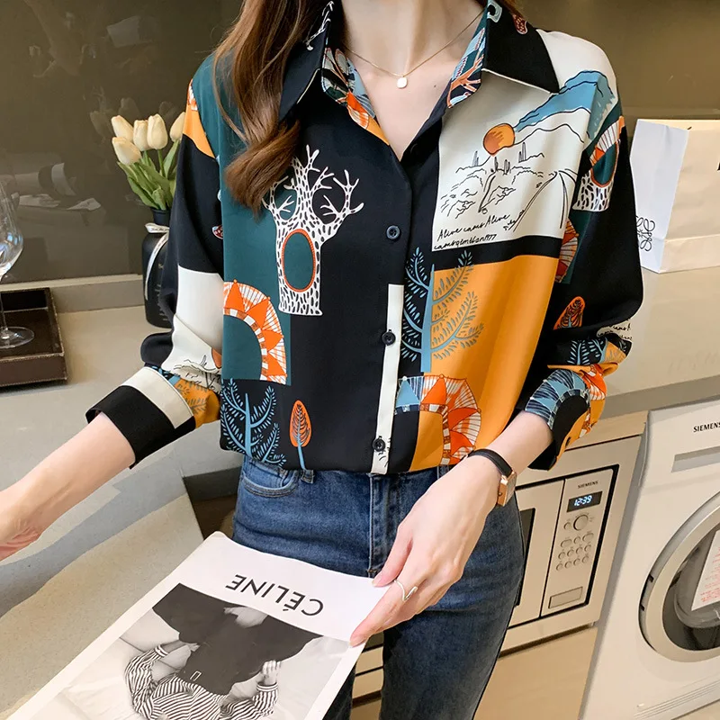 Printed Designer Collared Shirt Women\'s Design Sense Niche 2024 Autumn New Versatile Chiffon Long Sleeve Women Fashion Tops