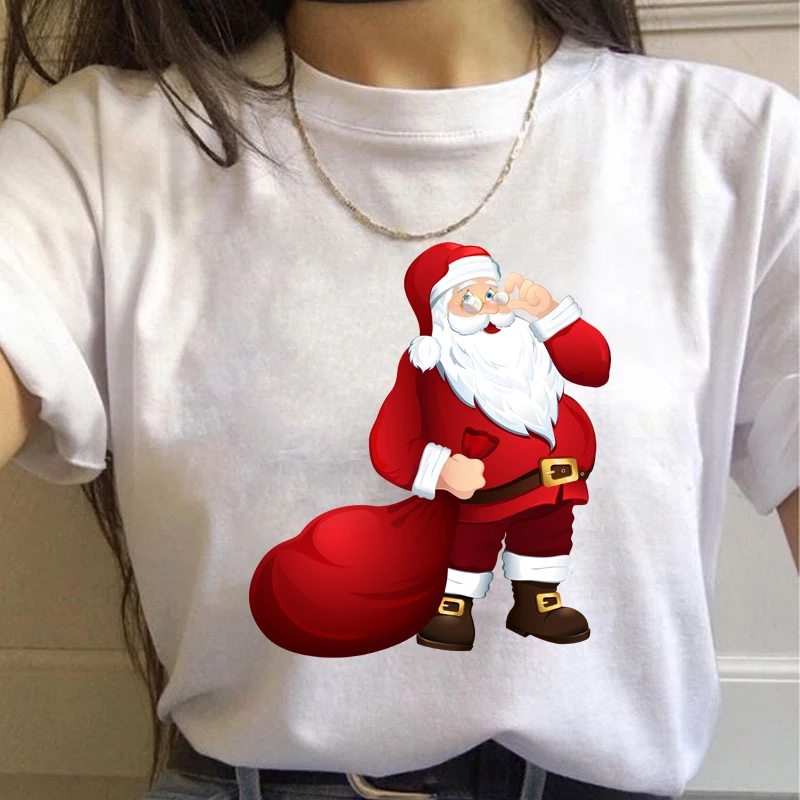 女性用半袖ラウンドネックTシャツ,ユーモラスな漫画「Laanta claus」の白いTシャツ,特大の服