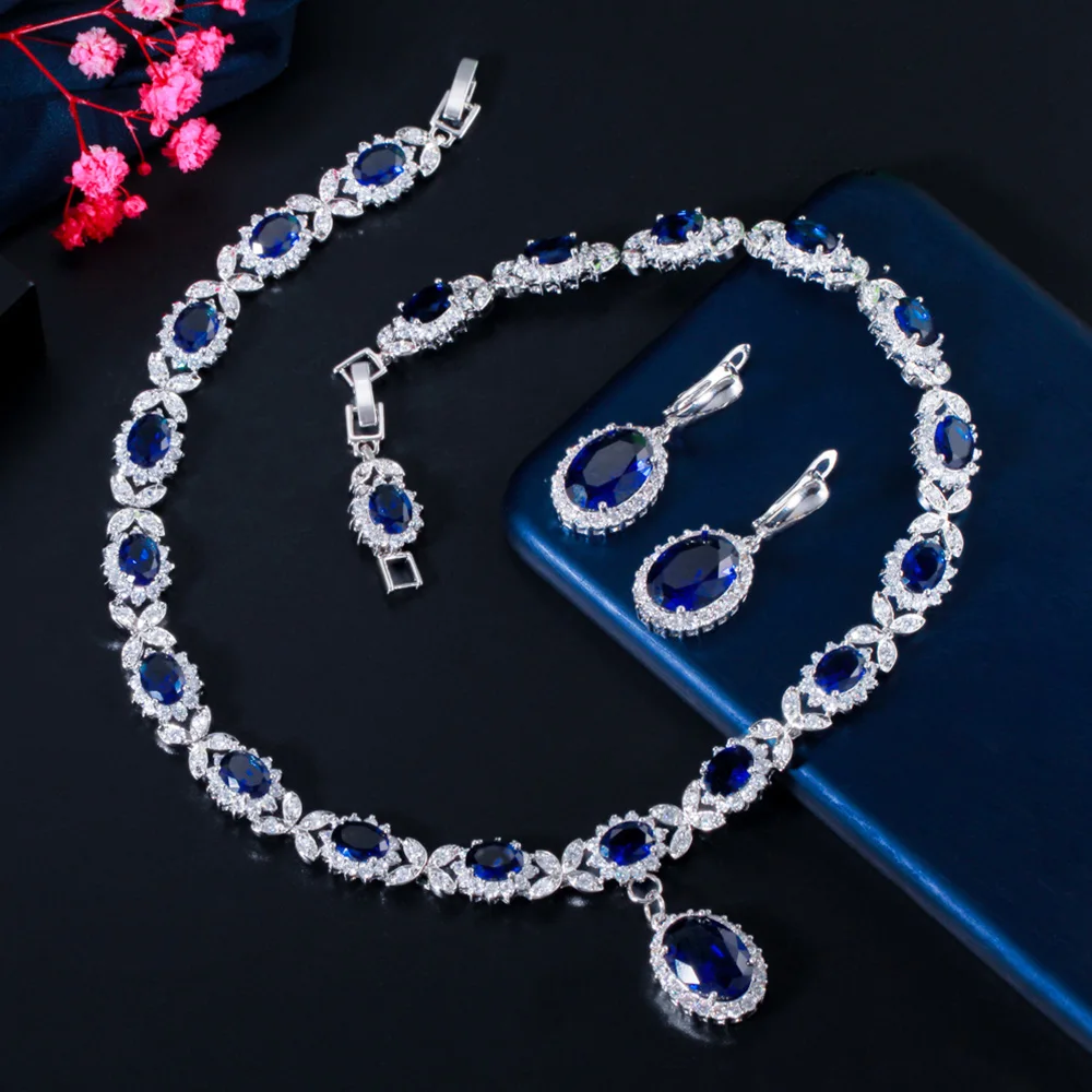 Pera Beautiful Royal Blue CZ Crystal Big Oval Drop Earrings and Pendant Necklace Sets for Women Anniversary Jewelry Gift J426