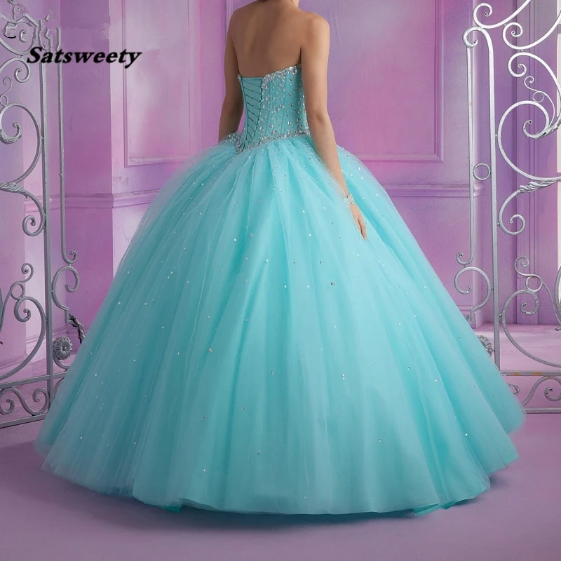 Бирюзовые пышные дешевые платья для Quinceanera, бальное платье, платье для 15 лет, милое Тюлевое платье с бисером и стразами, конфетное платье 16 дюймов