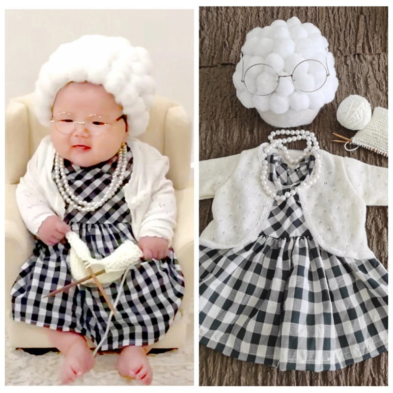 1 Set Lustige Neugeborenen Baby Fotografie Requisiten Kostüm Infant Mädchen Cosplay Oma Kleidung Foto Schießen Hut Outfits Dropshipping