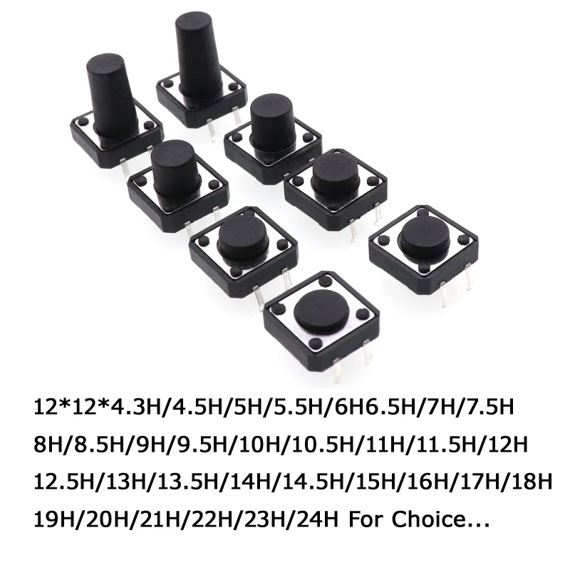 20pcs 12x12 Push Button Switch DIP 4pin Light Touch Switch 12*12*4.3/5/6/7/8/9/10/11/12/13/14/16/18/20/22/25mm Power Tact Switch