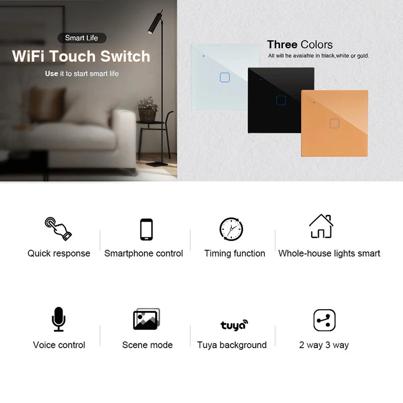 Wifi Touch Switch Smart Wall Switch 2/3 Way 1/2/3/4 Gang ac100-220v EU UK Standard Work with Alexa Google Home
