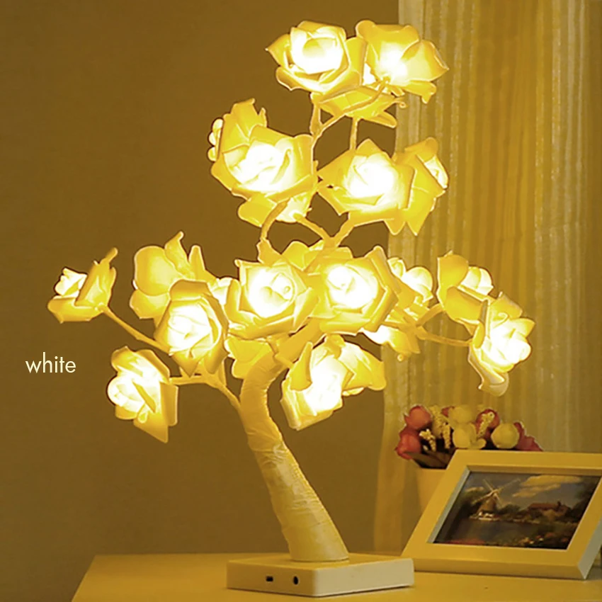 LED White Pink Rose Flower Bedside Bedroom Night Light Table Lamp Home Decoration Simulation Tree for Christmas Wedding Party