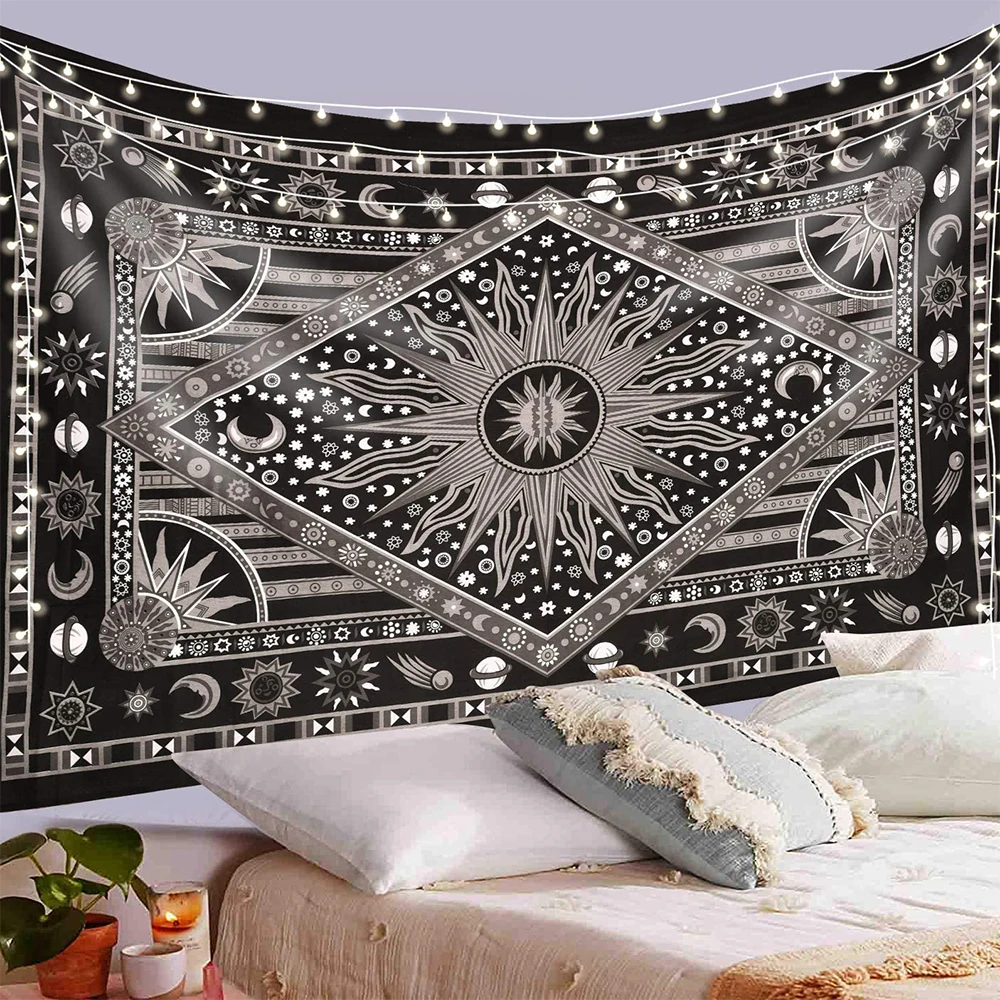 Burning Sun 3D Printed Tapestry Celestial Body Sun Moon Star Planet Bohemia Gemini Hippie Home Decor Background Cloth