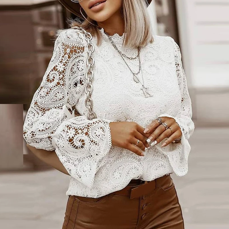 New Elegant Embroidery Hollow Out Lace Blouse Shirt Women Sexy Petal Long Sleeve Pullover Tops Ladies 2021 Autumn Stand Collar