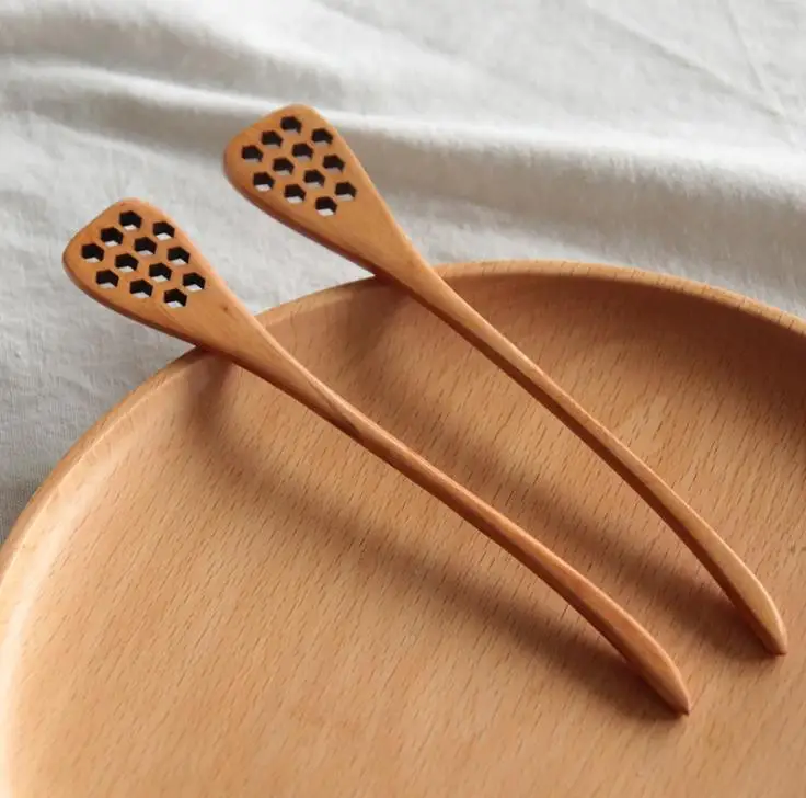 

300pcs/lot Fast shipping 18.5cm Wood Honey Stirring Honey Spoons Honeycomb Carved Honey Dipper Flatware Can customize logo SN653