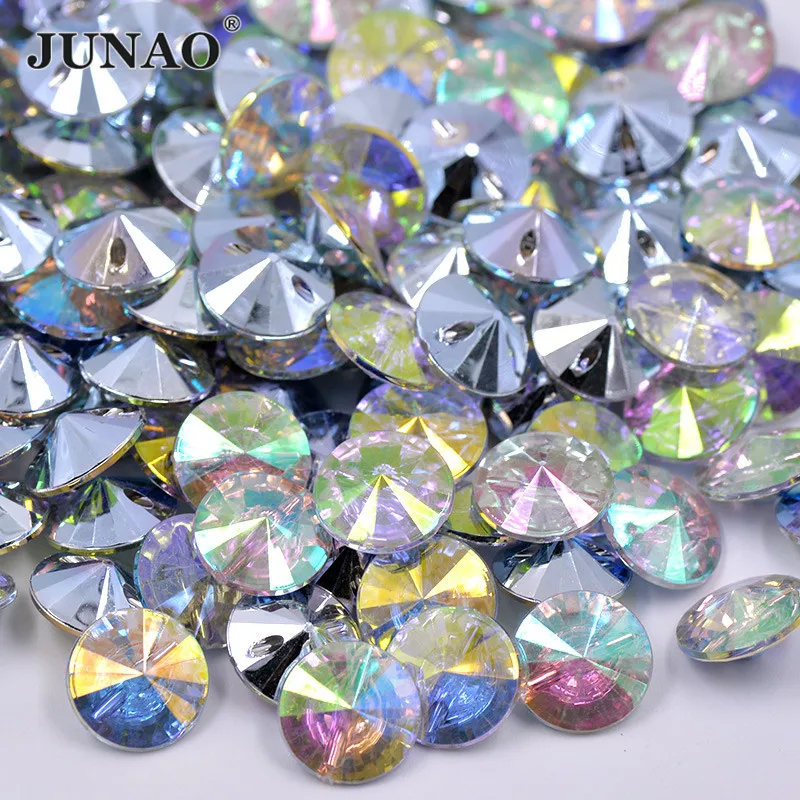 JUNAO 13mm 15mm 25mm 30mm 34mm Crystal AB Sewing Rivoli Rhinestone Button Round Acrylic Crystal Button for Needlework Decoration