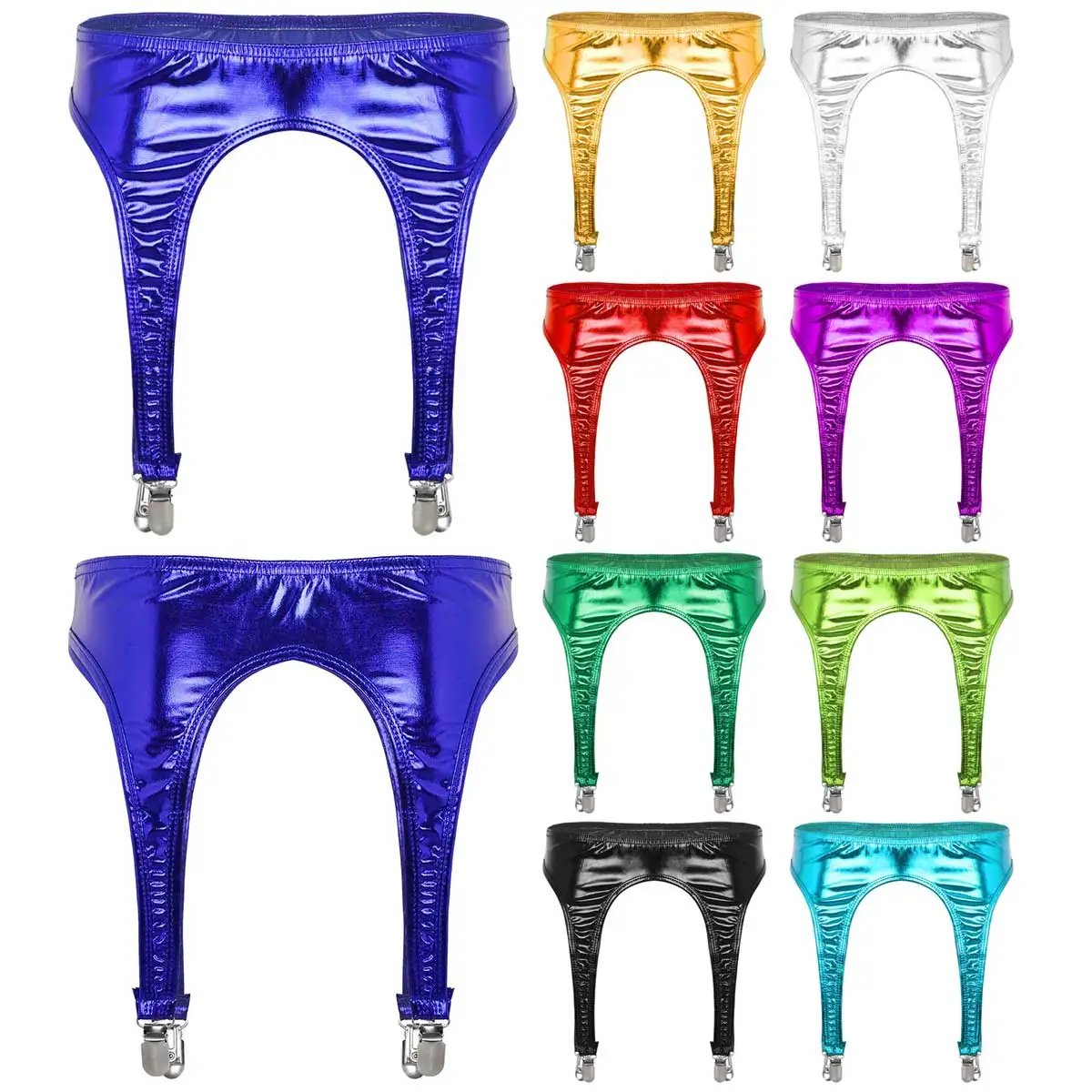 المرأة لامعة معدنية الرباط حزام معدني بطة الفم مقاطع الحمالة ل الفخذ العليا جوارب مثير القطب الرقص كلوبوير الإكسسوارات #2