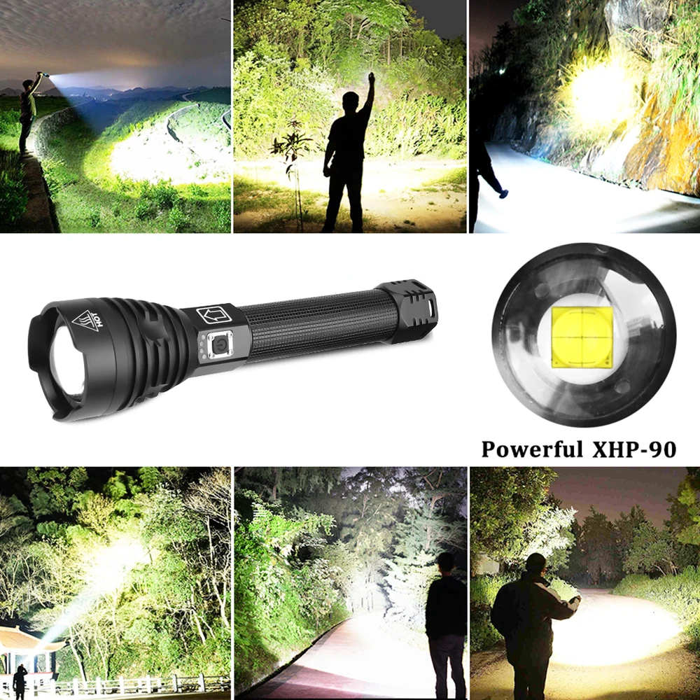 The brightest XHP90 LED Flashlight Tactical waterproof Torch 3 Lighting modes Zoomable Hunting camping lamps By 18650 or 26650