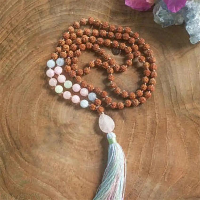 8mm 108 Rose Quartz Gemstone Rudraksha Tassel Mala Necklace Hot Fancy Tassel Wristband Multicolor Sutra cuff pray Lucky