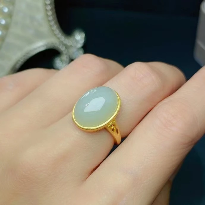 Chinese Style White Jade Ring 12mm*16mm High Quality White Jade Silver Ring for Party 925 Silver Jade Jewelry