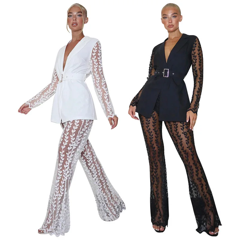 

Runway Women Solid Lace Patchwork Two Piece Sets Lady's Sexy V-neck Sashes Tops High Waist See Through Mesh Flared Pants Sets