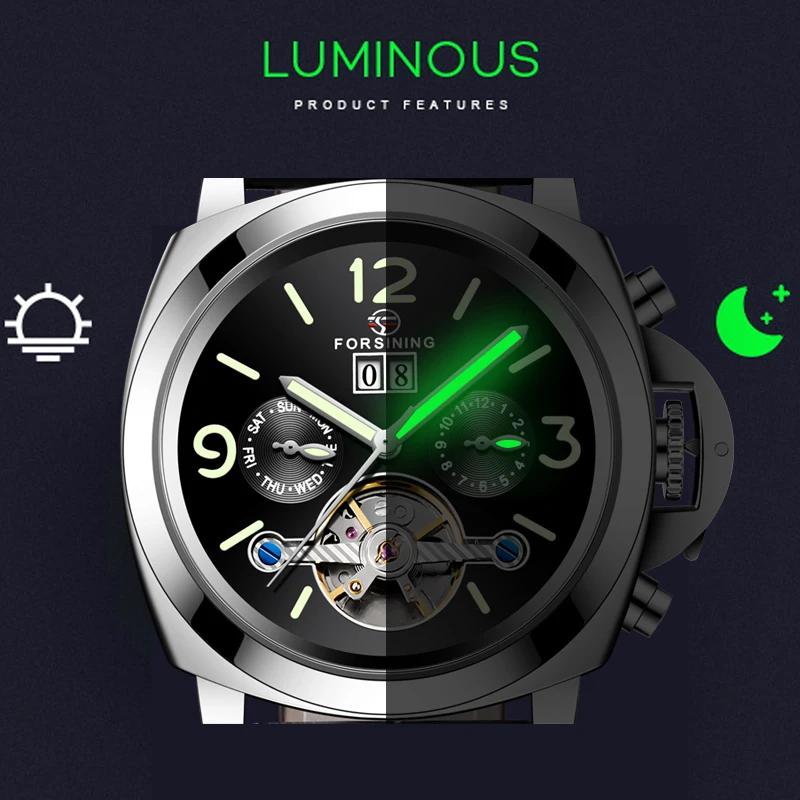 Forsining-relojes mecánicos para hombre, pulsera automática con correa de cuero genuino, calendario completo, Tourbillon, a la moda