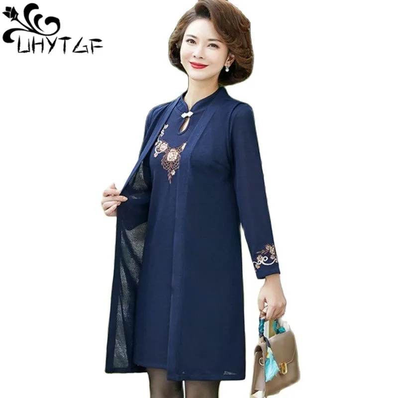 

UHYTGF 2021Vintage Cheongsam Dress Two-Piece Suit Women High-End Embroidered Elegant Mother Spring Autumn Dress Set Big Size 19