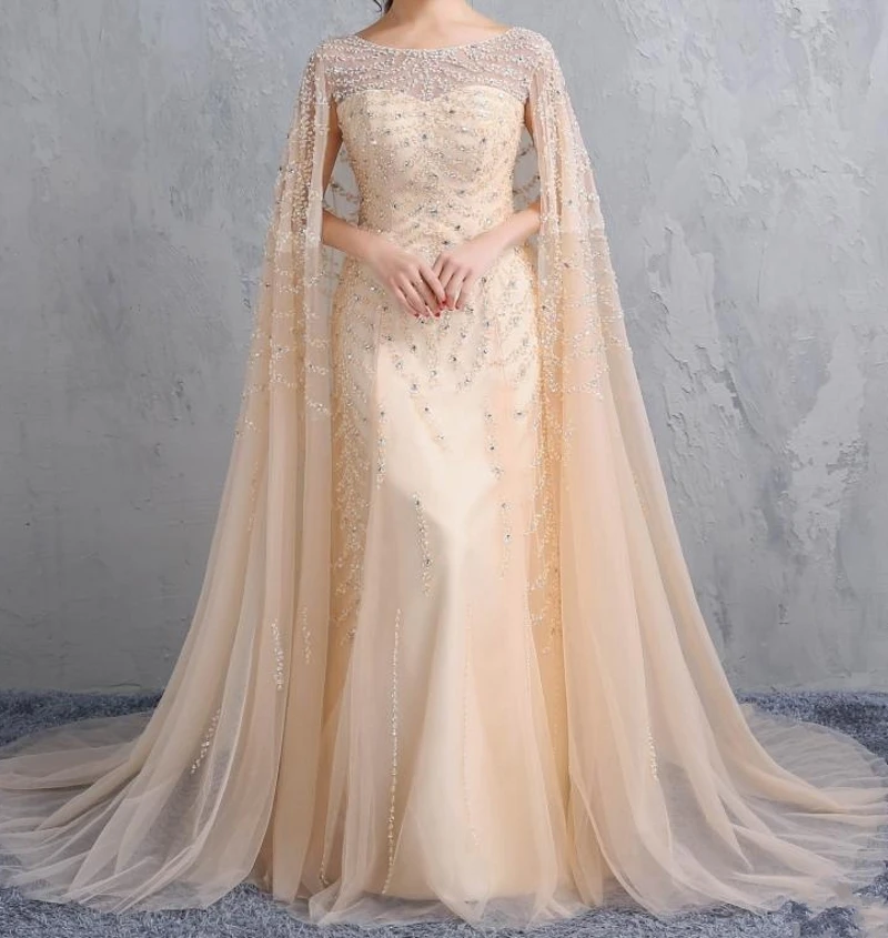 

2025 Vintage Champagne Bead Evening Dresses with Shawl Dubai Saudi Arabic Muslim Formal Prom Dresses Robe De Soriee