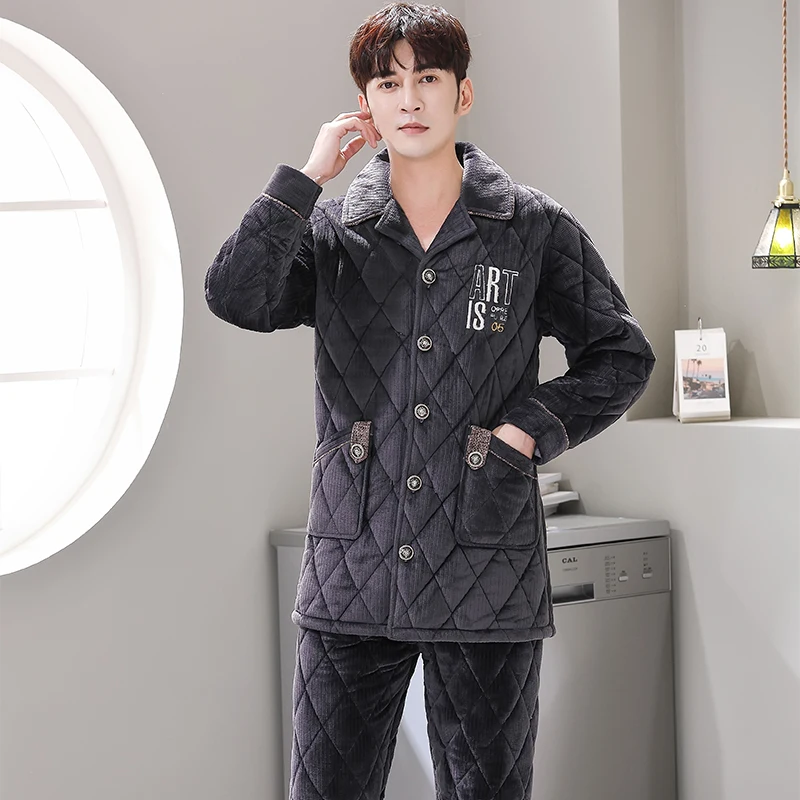 Winter Pajamas For Men Thick Three-layer Quilted Sleepwear Suit 2 Pcs Pyjama Homme Warm Casual Home Clothing Pijamas Hombre