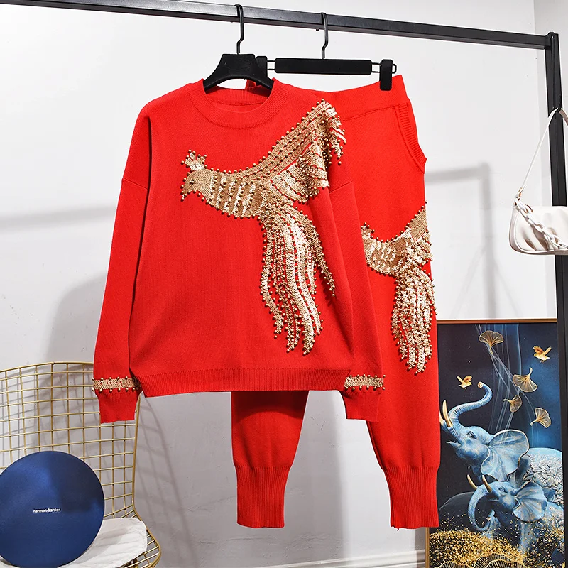 Red Black White Gray Beading Sequins Phoenix Knitted Tracksuits Set Women Loose Knitting Sweater Pencil Pants Outfits 2pc Female