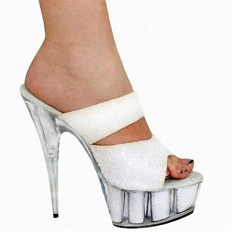 

Elegant fashion 15 cm high with crystal sandals, models banquet super thick waterproof transparent stage sandals