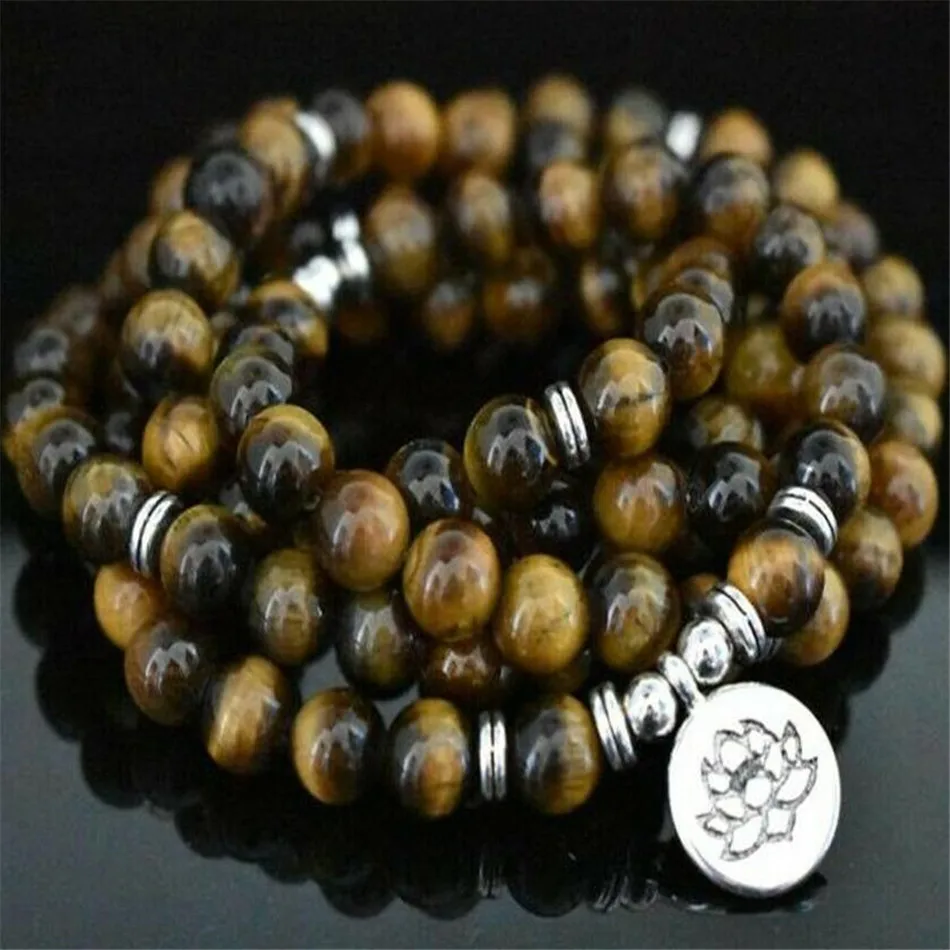 

6MM Tiger-eye Bracelet 108 Beads Lotus Pendant Buddhism Yoga Reiki Bless Spirituality Prayer