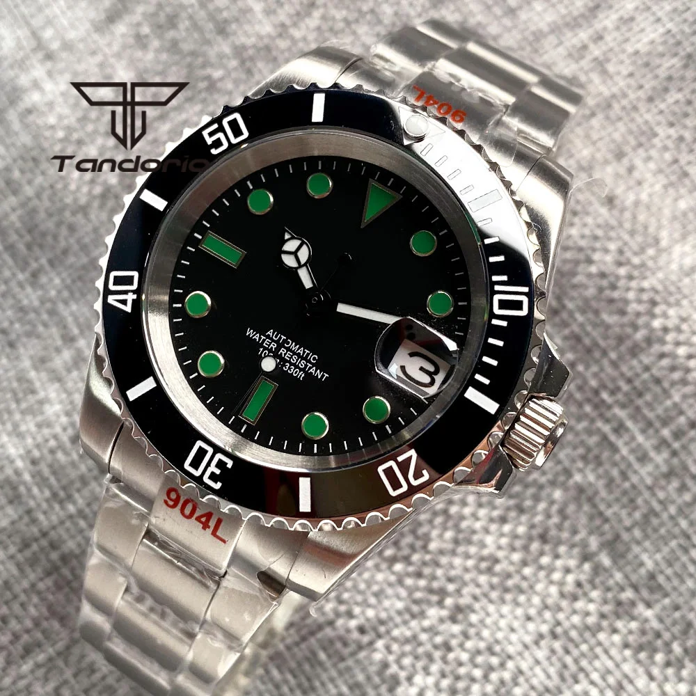 

40mm PT5000 NH35A Miyota Mingzhu Automatic Men's Watch Black Half Sterile Dial Green Marks Sapphire Rotating Bezel Screw Crown