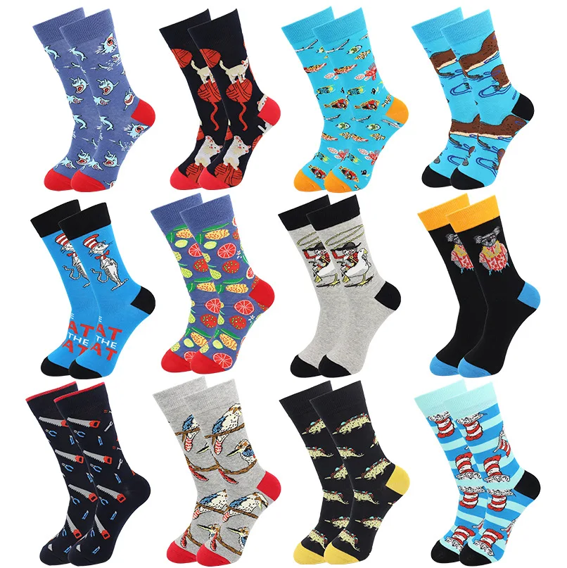 1pair Men\'s Socks Funny Cartoon Shark Cat Printed Happy Socks Casual Harajuku Hip Hop Skateboard Calcetines Hombre