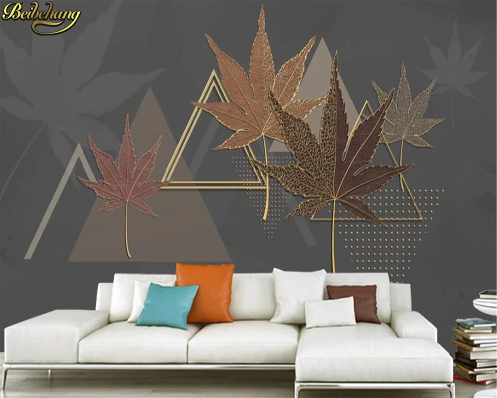 Beibehang Kustom Wallpaper Mural Modern Geometris Segitiga Kreatif Daun Maple Emas Timbul Garis Latar Belakang Papel De Parede