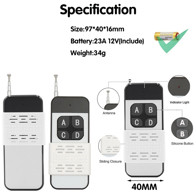 433MHz Universal Wireless Remote Control AC 110V 220V 10A 4CH Relay Receiver Module RF Switch 1000 Meters for Gate Garage Opener