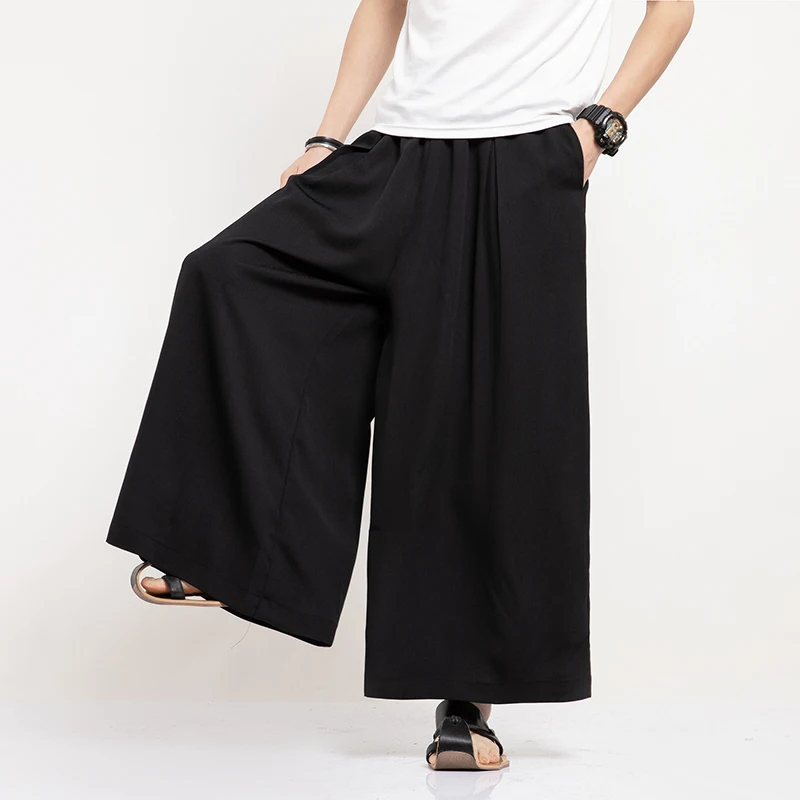 Men Linen Wide Leg Pants Mens Harajuku Streetwear Harem Pants Male Chinese Style HanFu Kongfu Trousers Ankle-Length Pants