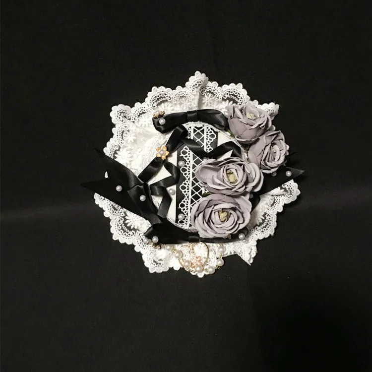 Sweet Lolita Handmade Headdress Top hat Party lace Rose Flower Bow Pendant Hair Clip Hat Elegant Flat Cap