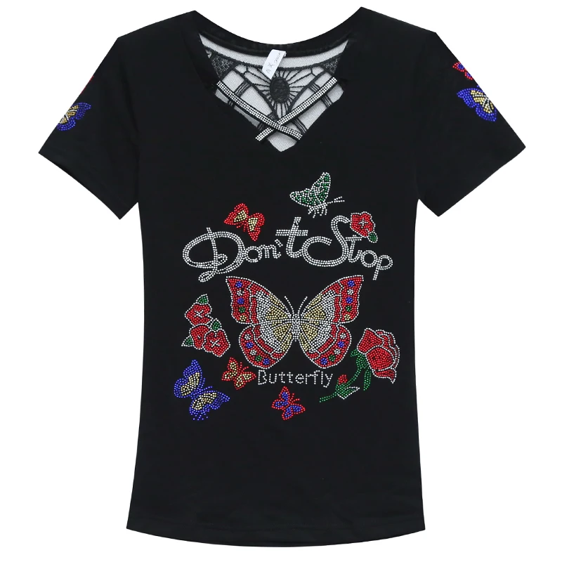 Summer Fashion Korean Blusas Clothes T-shirt Sexy Hollow Out Diamonds Letter Butterfly Women Tops Ropa Mujer Patchwork Mesh Tees