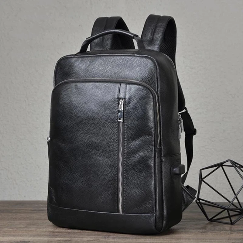 Men Genuine Leather Backpack Fashion Large Capacity Women Cow Leather Rucksack 14Inch Natural School Bag Office Daypack