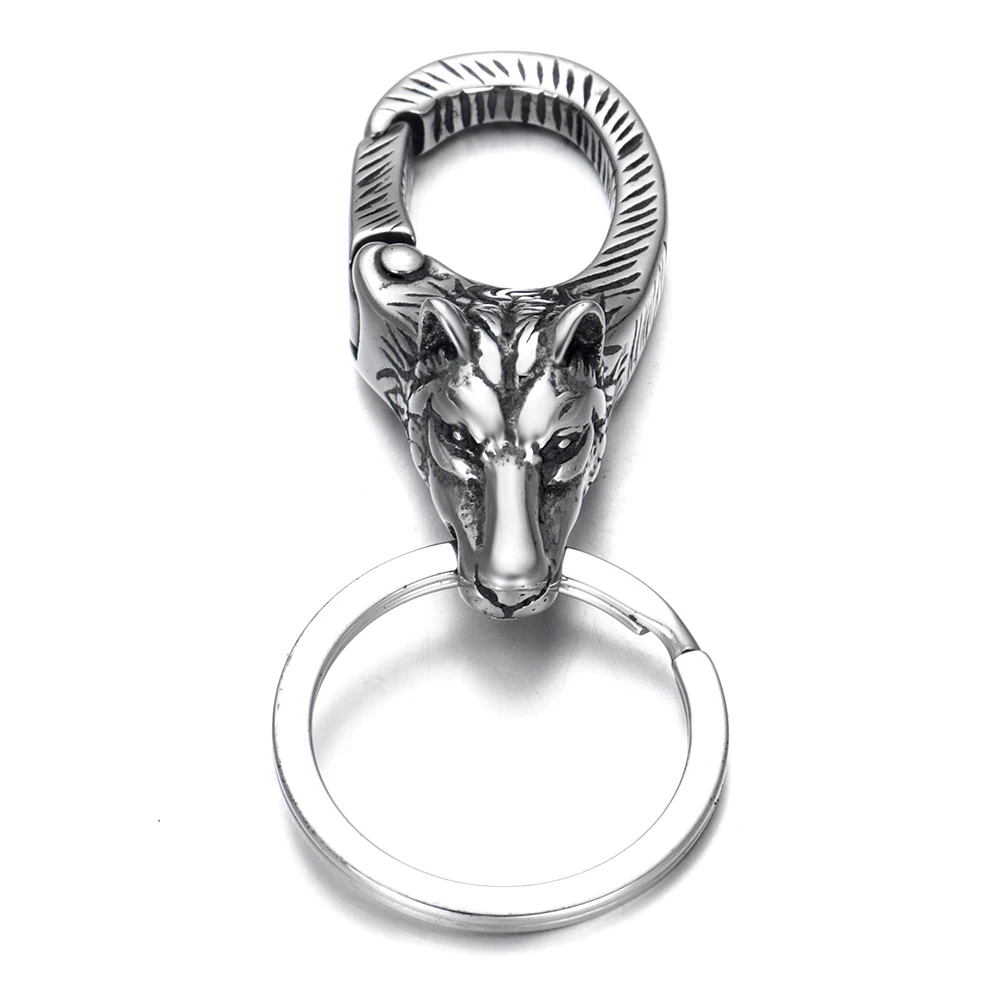 Stainless Steel Key Chains Men's Wolf Head Spring Fastener Key Ring Unique Car Keychain Key Finder Accessories