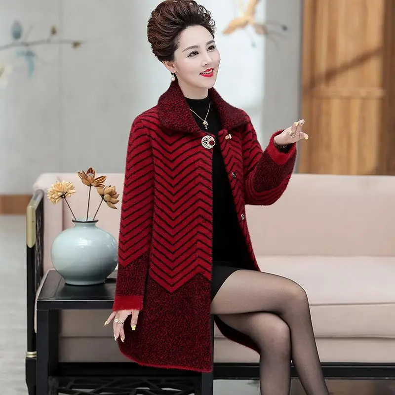 Female Middle-aged Elderly 2021 Autumn Winter New Thick Coat Women\'s Mid-length Western Style Loose Mink Fleece Jacket Women C39