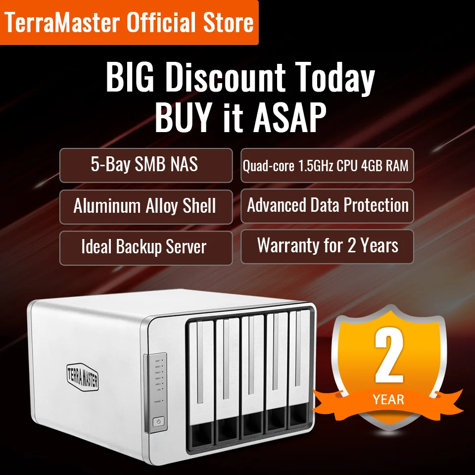 TerraMaster F5-422 10GbE NAS 5-Bay Network Storage Server Intel Quad-Core CPU with Hardware Encryption (Diskless)
