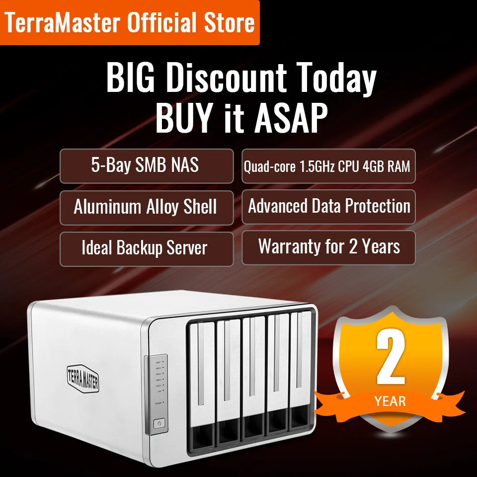 

TerraMaster F5-422 10GbE NAS 5-Bay Network Storage Server Intel Quad-Core CPU with Hardware Encryption (Diskless)