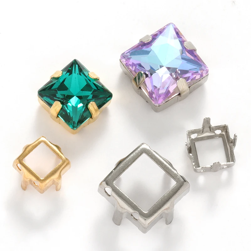 XIAOPU Square Empty Rhinestone Claws Sew On Stones Container Silver Golden Color Rhinestone Base Sewing Crystals Accessories