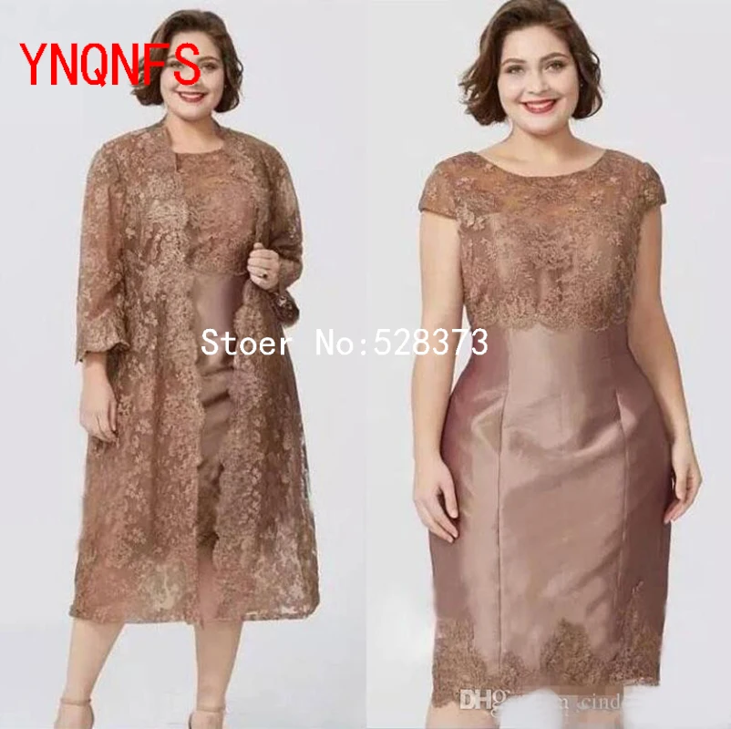 YNQNFS M70 Brown Mother's Dress Lace Fabric Increased Size Two Suits Formal Dress 2-24W Size Sleeveless knee length