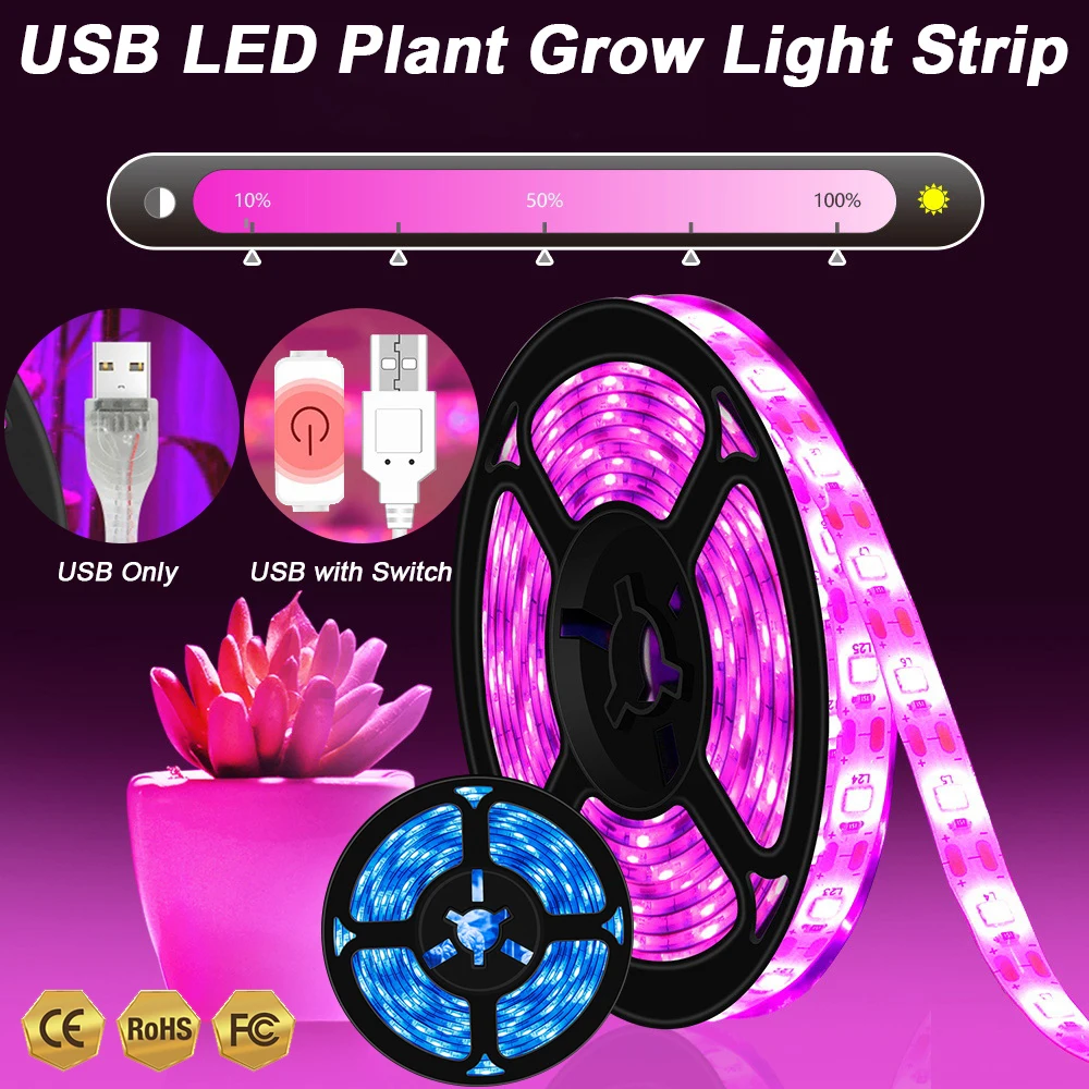 LED 성장 빛 전체 스펙트럼 USB 성장 조명 스트립 0.5m 1m 2m 3m 2835 SMD DC5V LED 식물 테이프 씨앗 식물 꽃 온실 D30