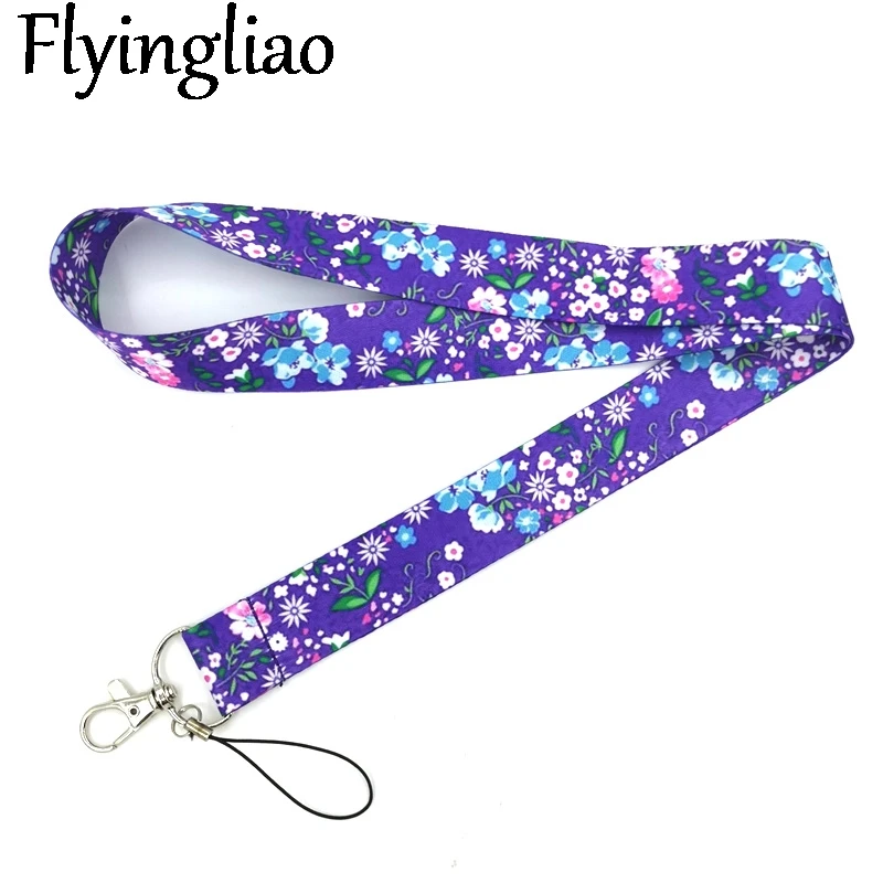 Purple Flowers Neck Keychain Necklace Webbings Ribbons Anime Cartoon Neck Strap Lanyard ID badge Holder Keychain Lanyards Gifts